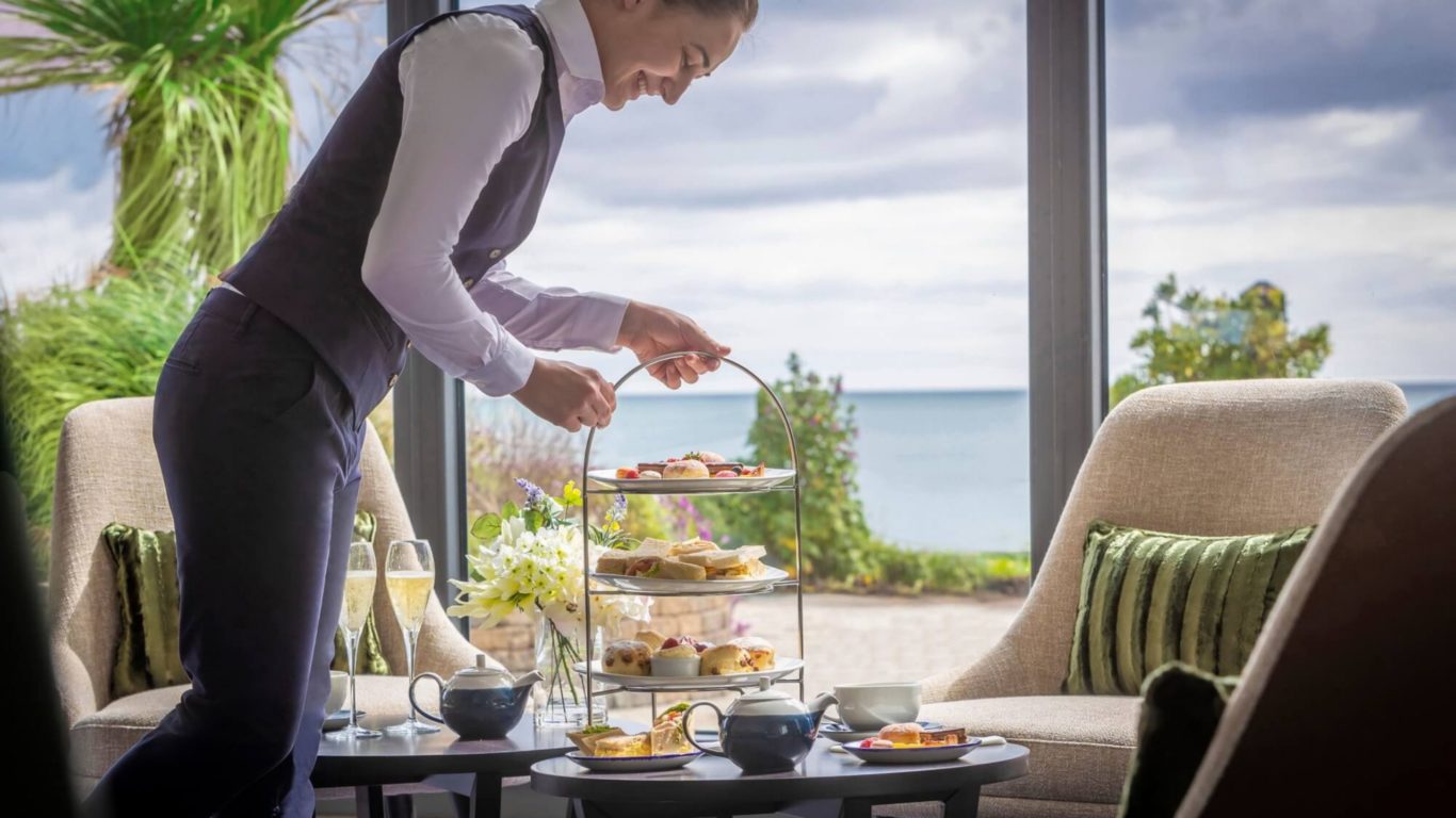 Afternoon tea over looking the sea at Shoreline Hotel