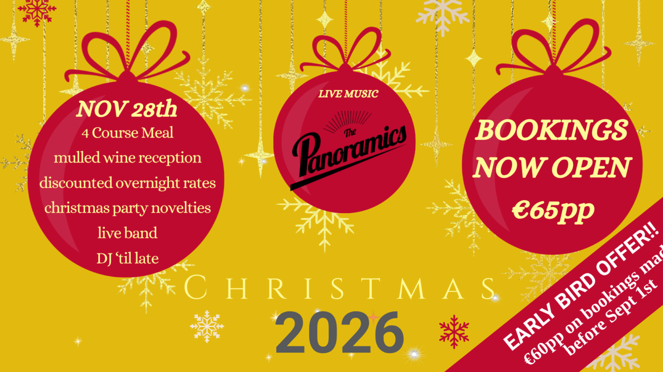 Yellow Christmas party event poster with red ornaments showing event date, offerings, price, live band Panoramics, and an early bird booking offer for &euro;60pp before September 1st.