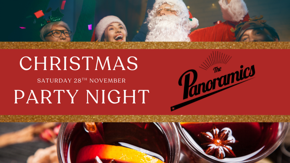 Christmas party night poster with festive images, event date, Santa, drinks, and &ldquo;The Panoramics&rdquo; band name displayed prominently.